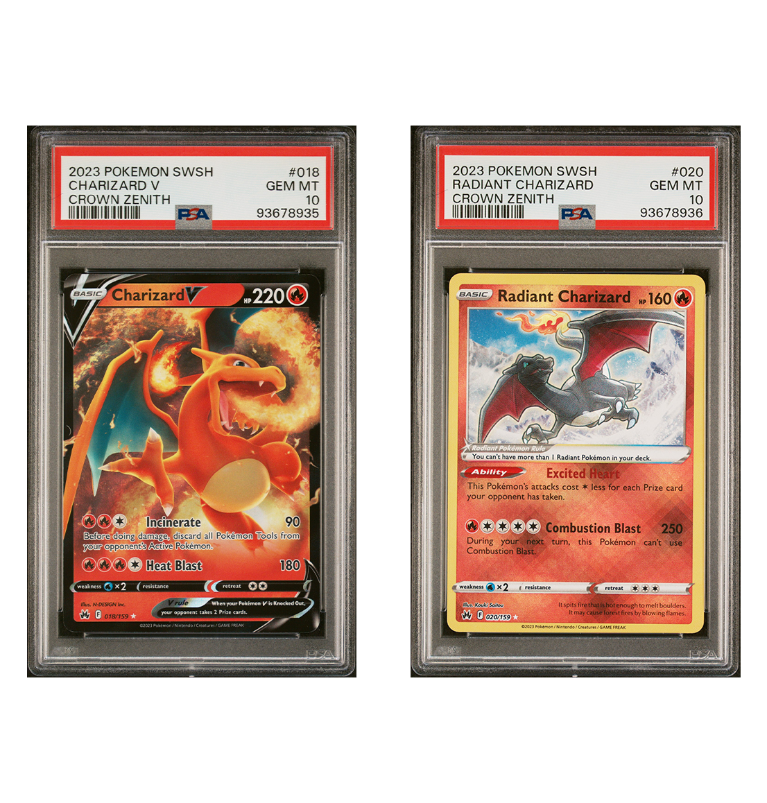 PSA 10 Sequential set Charizard V #018 & Radiant Charizard #020 Crown Zenith Pokemon cards