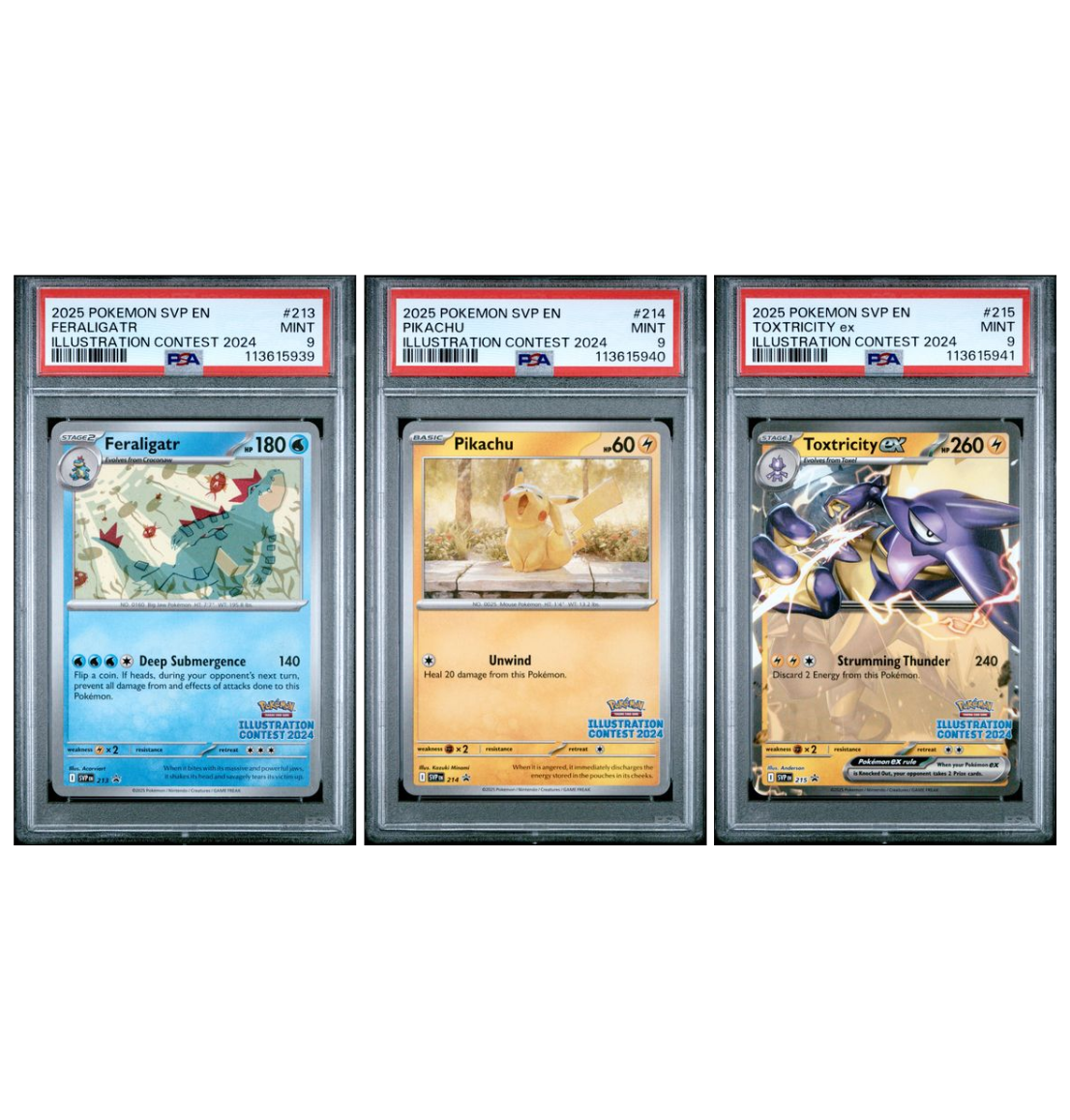PSA 9 Sequential Set Feraligatr Pikachu Toxtricity SVP #213 #214 #215 Illustration Contest 2024 Pokemon card
